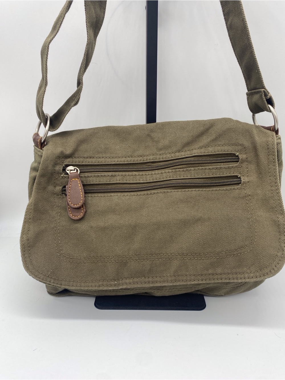 Compact Olive Canvas Crossbody Messenger Bag with Double Front Zips